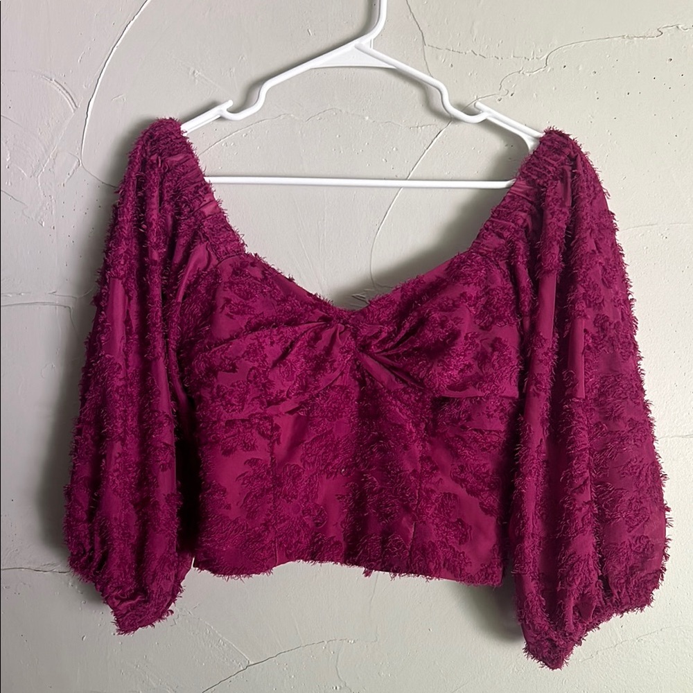 Hutch Puff Sleeve Ruched Magenta Crop Blouse